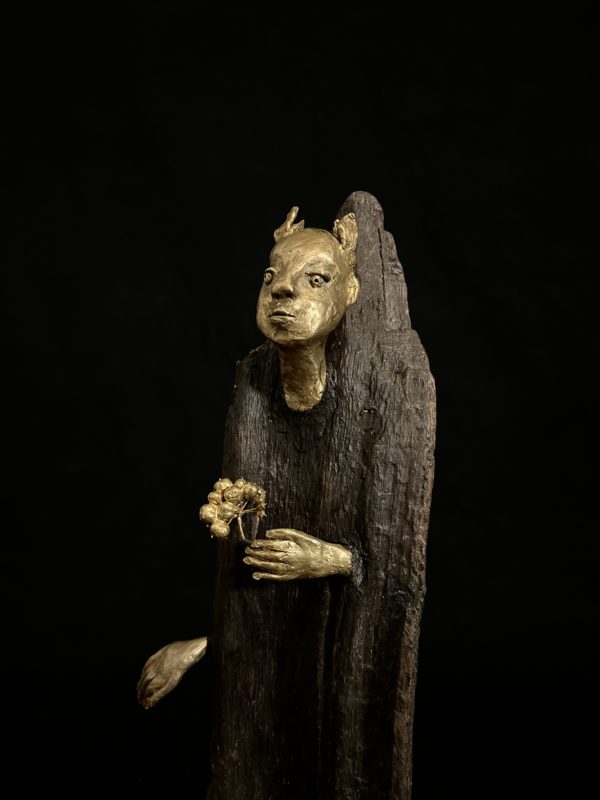 Diablotin - wood and bronze sculpture by Francoise Mayeras