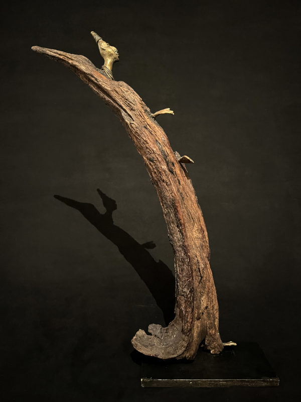 Face Au Vent - wood and bronze sculpture by Francoise Mayeras